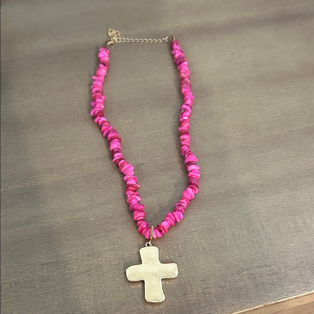 Park Lane Bright Pink Beaded Necklace with Gold Cross Pendant